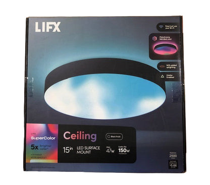 LIFX 15 in. Matte Black Indoor Selectable LED Flush Mount Multi-Color Smart WiFi Ceiling Light Works Alexa/Hey Google/HomeKit