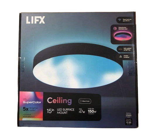 LIFX 15 in. Matte Black Indoor Selectable LED Flush Mount Multi-Color Smart WiFi Ceiling Light Works Alexa/Hey Google/HomeKit