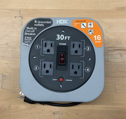 HDX 30 ft. 16/3 Extension Cord Reel with 4 Grounded Outlets and Surge Protector in Gray