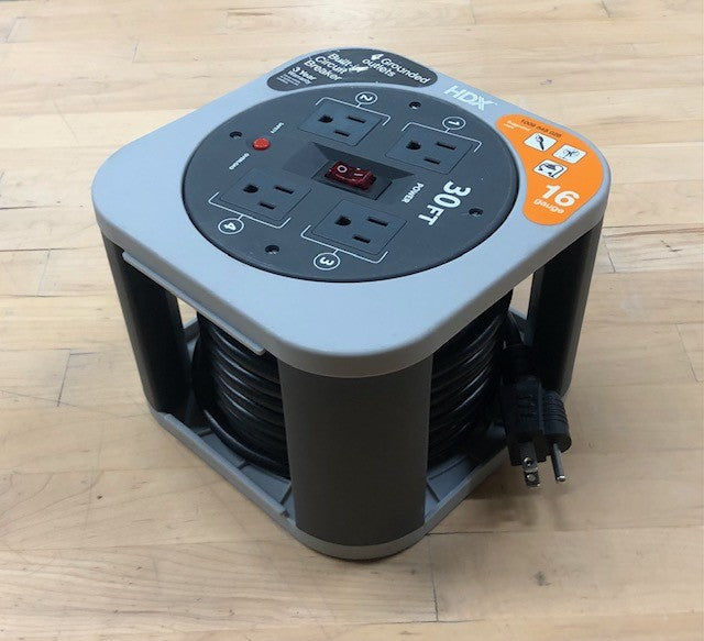 HDX 30 ft. 16/3 Extension Cord Reel with 4 Grounded Outlets and Surge Protector in Gray