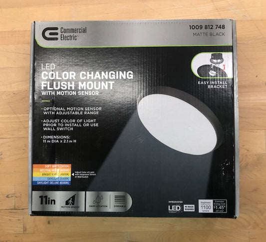 Commercial Electric 11 in. Matte Black Motion Sensor Integrated LED Dimmable Selectable CCT Flush Mount Indoor Ceiling Light