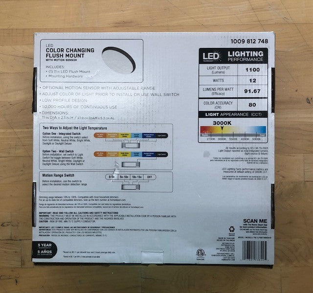 Commercial Electric 11 in. Matte Black Motion Sensor Integrated LED Dimmable Selectable CCT Flush Mount Indoor Ceiling Light