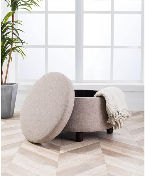 Wovenbyrd Classic Large Round Storage Ottoman Footstool with Removable Lid, Light Brown Fabric