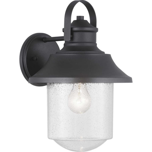 Progress Lighting Lakelynn 1-Light 9 in. Textured Black Outdoor Wall Lantern with Clear Seeded Glass