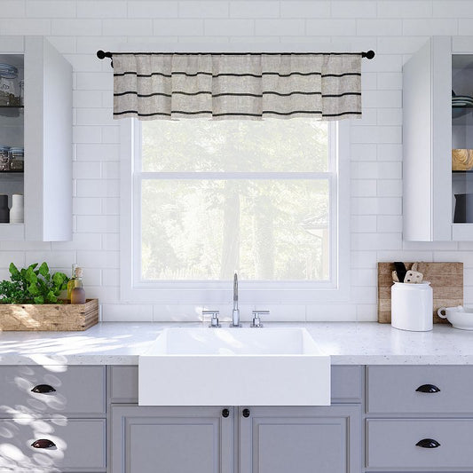 CLEAN WINDOW Aso Twill Stripe Linen Blend 52 in. W X 14 in. L Sheer Rod Pocket Kitchen Curtain Valance in Black/Linen