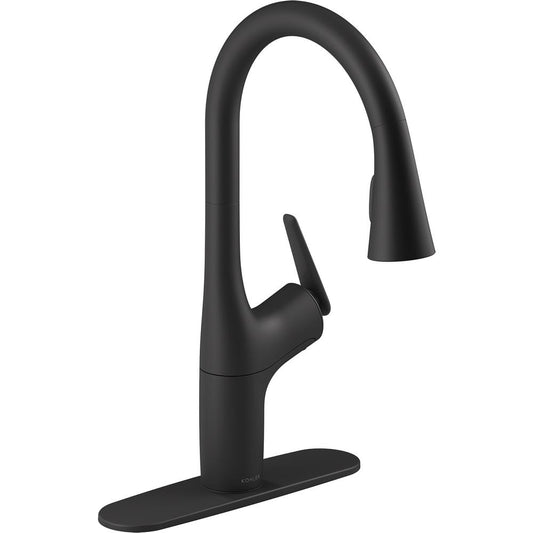 KOHLER Safia 1-Handle Pull Down Sprayer Kitchen Faucet with Integrated Soap Dispenser in Matte Black