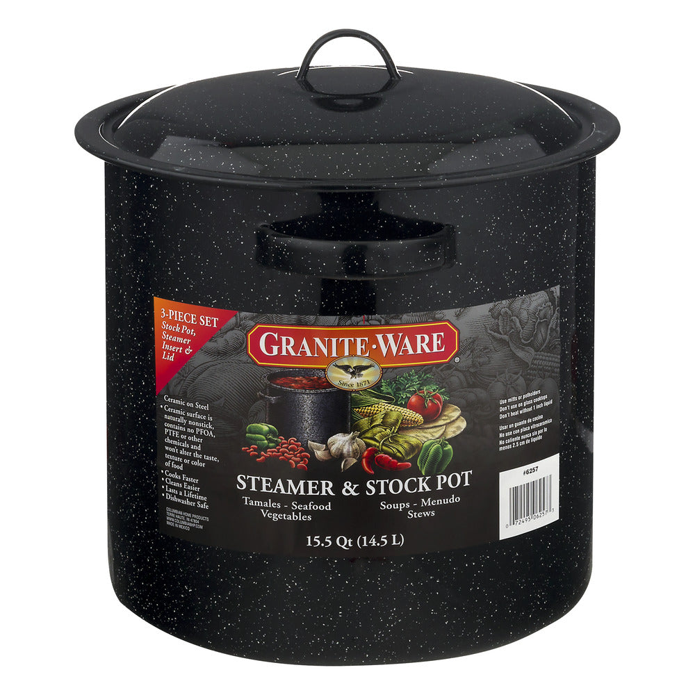 Granite Ware Enamel on Steel Multiuse Pot  Seafood / Tamale / Stock Pot Includes Steamer Insert  15.5-Quart  Black