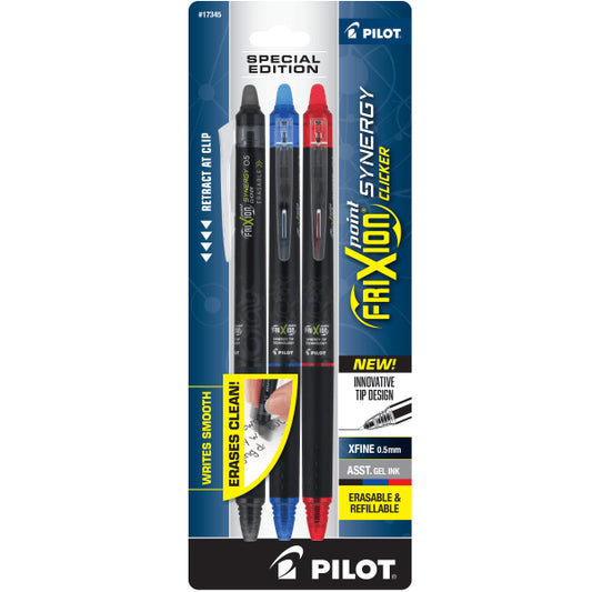 Pilot® FriXion Synergy Clicker Erasable Retractable Gel Pens, Extra-Fine Point, 0.5 Mm, Black Barrel, Assorted Ink, Pack of 3 Pens