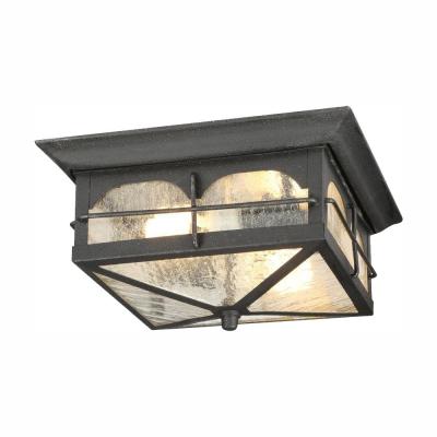 Home Decorators Collection Brimfield 11 in. 2 Light Aged Iron Outdoor Weather Resistant Flush Mount Ceiling Light with Clear Seedy Glass Shade