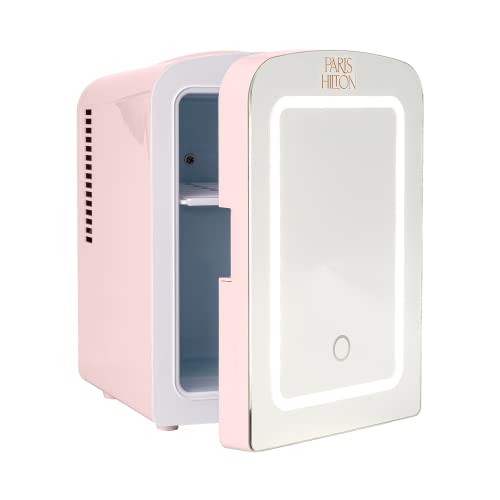 Paris Hilton Mini Refrigerator and Personal Beauty Fridge, Mirrored Door with Dimmable LED Light, Thermoelectric Cooling and Warming Function for All