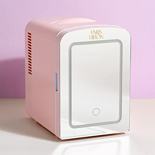 Paris Hilton Mini Refrigerator and Personal Beauty Fridge, Mirrored Door with Dimmable LED Light, Thermoelectric Cooling and Warming Function for All