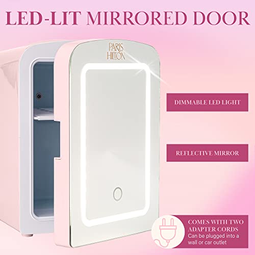 Paris Hilton Mini Refrigerator and Personal Beauty Fridge, Mirrored Door with Dimmable LED Light, Thermoelectric Cooling and Warming Function for All