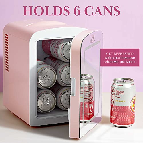 Paris Hilton Mini Refrigerator and Personal Beauty Fridge, Mirrored Door with Dimmable LED Light, Thermoelectric Cooling and Warming Function for All