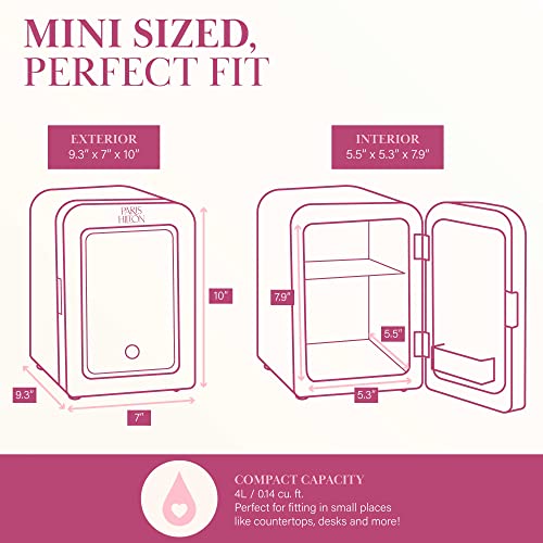 Paris Hilton Mini Refrigerator and Personal Beauty Fridge, Mirrored Door with Dimmable LED Light, Thermoelectric Cooling and Warming Function for All