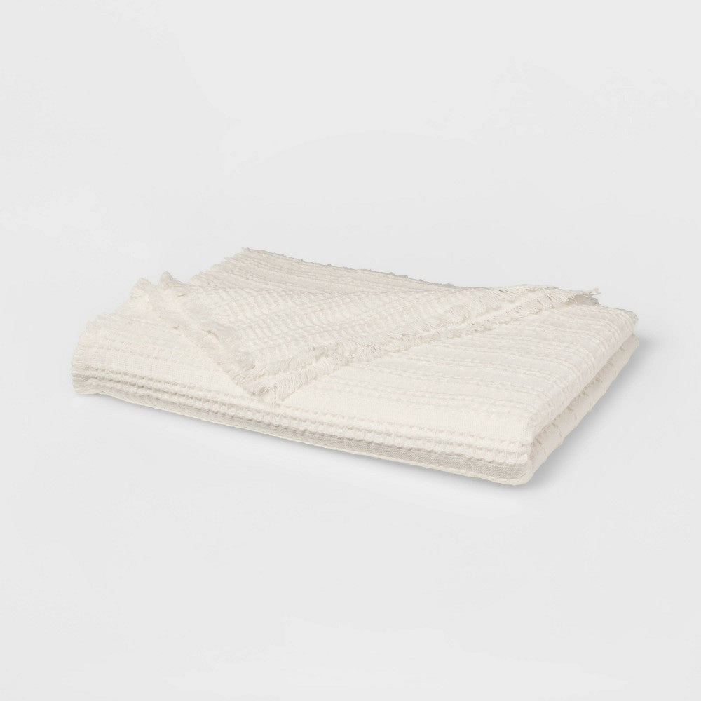 60"x80" Waffle Weave Fringed Bed Throw Ivory - Threshold™