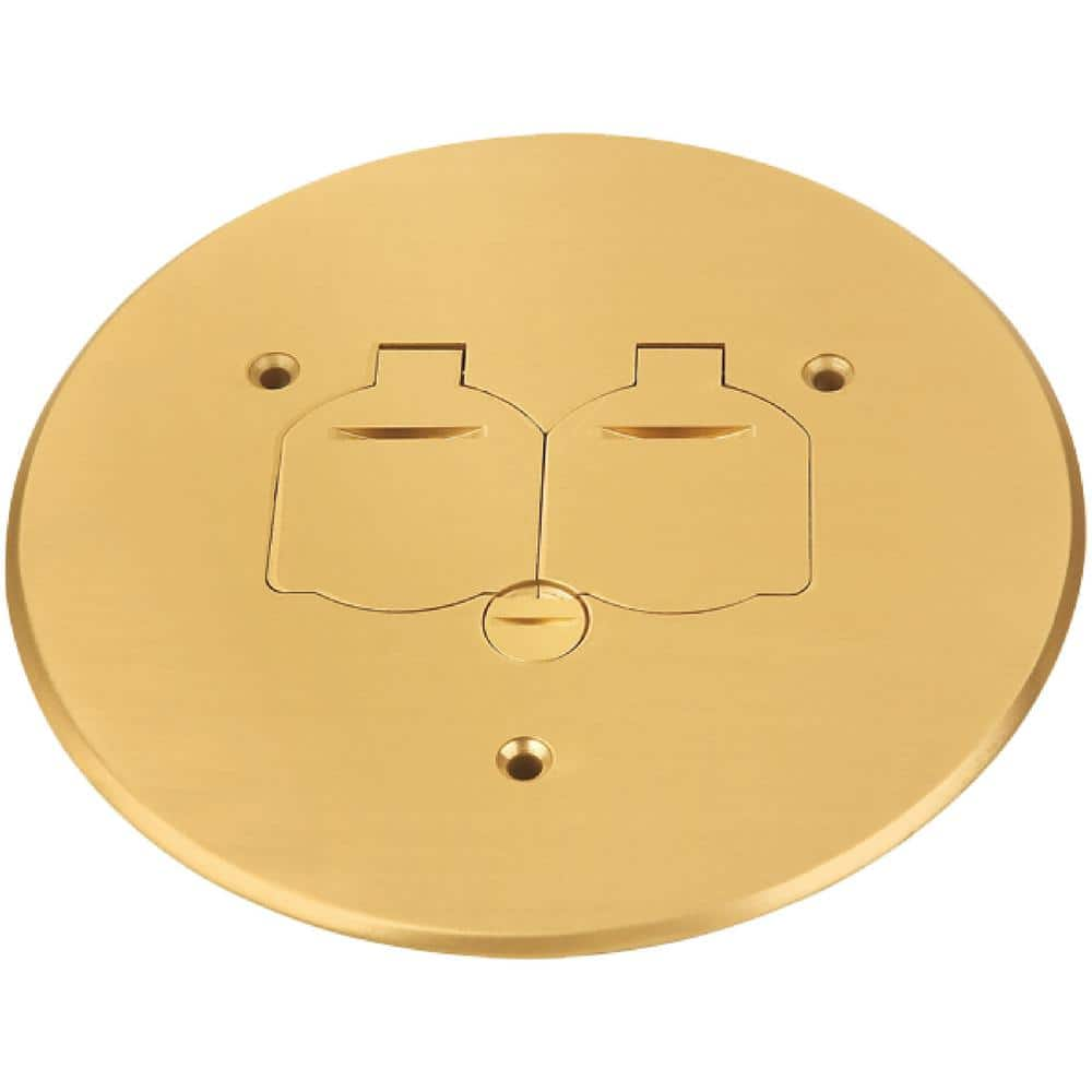 NEWHOUSE ELECTRIC Low-Profile Round Floor Box Outlet Cover with 15A TR Duplex Receptacle and 2 Lift Lids, Brass