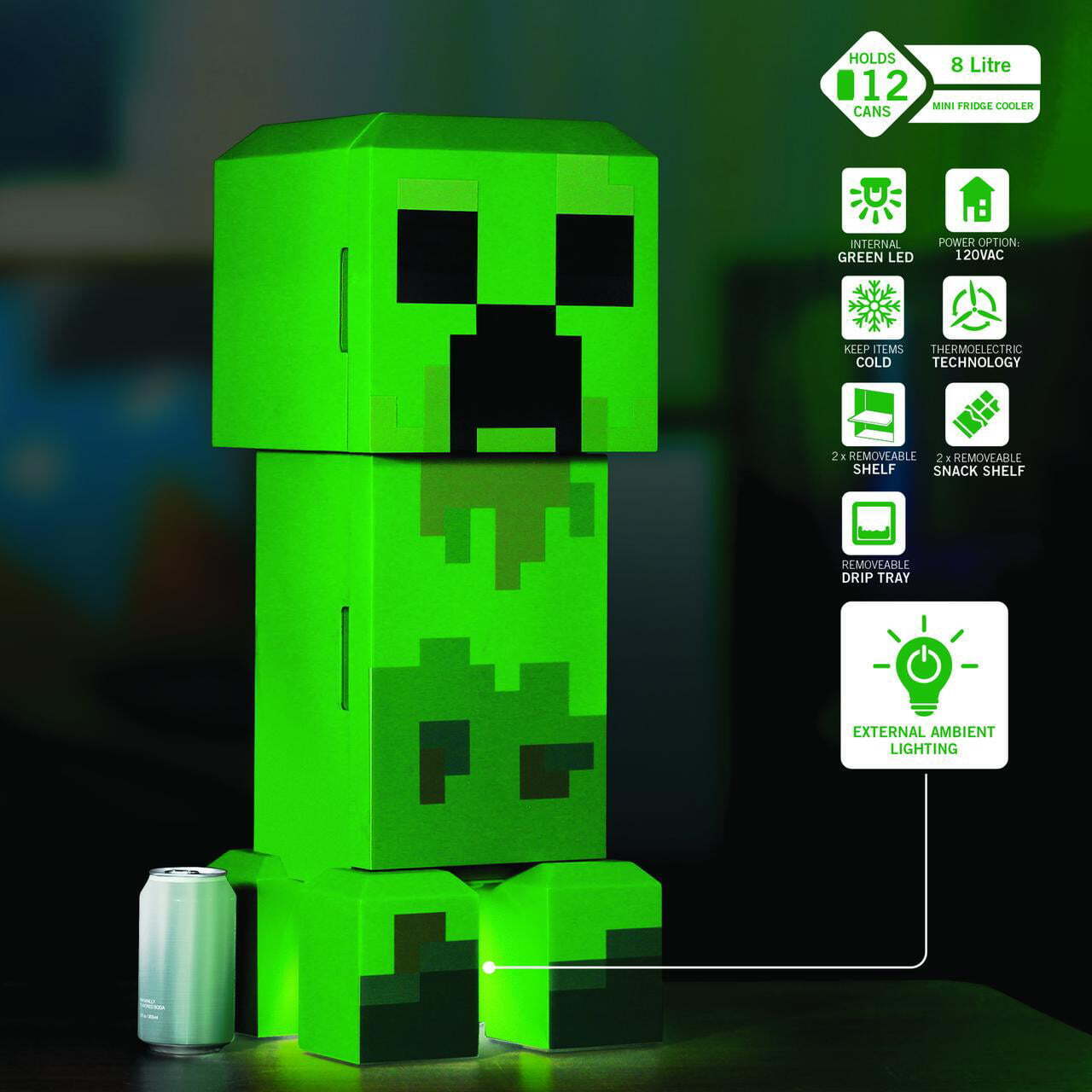 Minecraft Green Creeper Full Body Figure Mini Fridge Thermoelectric Cooler 8L