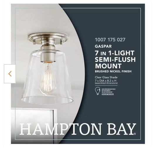 Hampton Bay Gaspar 7 in. Brushed Nickel Semi Flush Mount Light Clear Glass