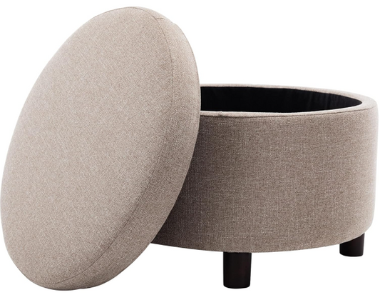 Wovenbyrd Classic Large Round Storage Ottoman Footstool with Removable Lid, Light Brown Fabric