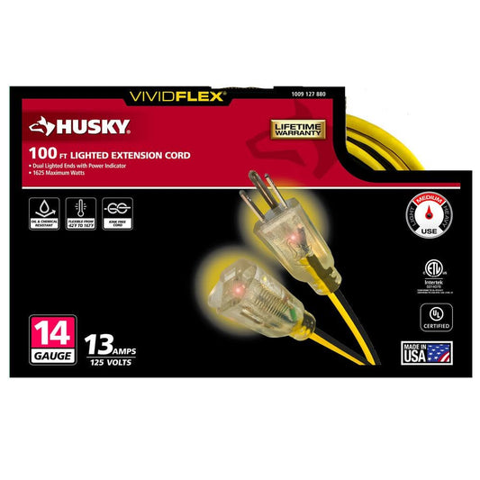 Husky VividFlex 100 Ft. 14/3 Heavy Duty Indoor/Outdoor Extension Cord with Lighted End, Yellow