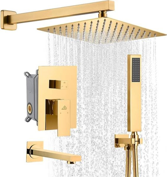 10" Wall Mounted Dual Shower Heads Shower System With Tub Spout - Gold