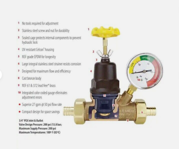 Apollo 3/4 in. Double Union Double Union PEX Bronze Water Pressure Regulator with Gauge